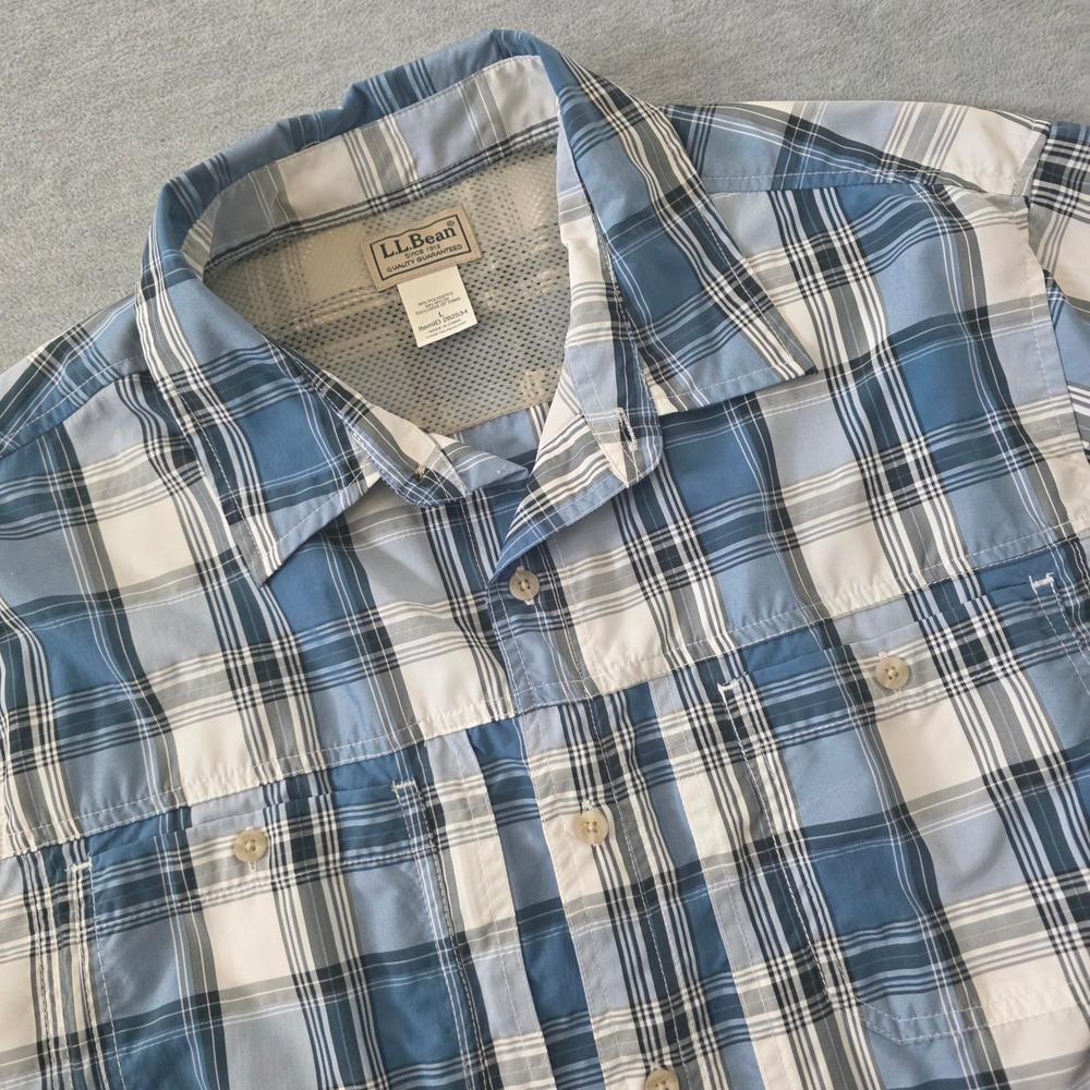 LL Bean Mens Large Blue Plaid Short Sleeve Technical Hiking Fishing Shirt 282534